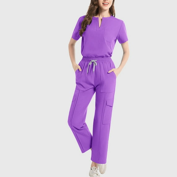 Busydd Scrubs for Women Set Casual Solid Color Women Scrubs Sets Short Sleeve V Neck Tops Elastic Waist Drawstring Jogger Scrubs for Women Workwear with Pockets XL