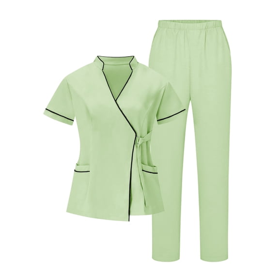 Busydd Scrubs for Women Set Trendy Solid Color Two Piece Scrub Set Stand Collar Short Sleeve Tie Belt Top and Elastic Waist Pants Womens Scrub Sets with Pockets