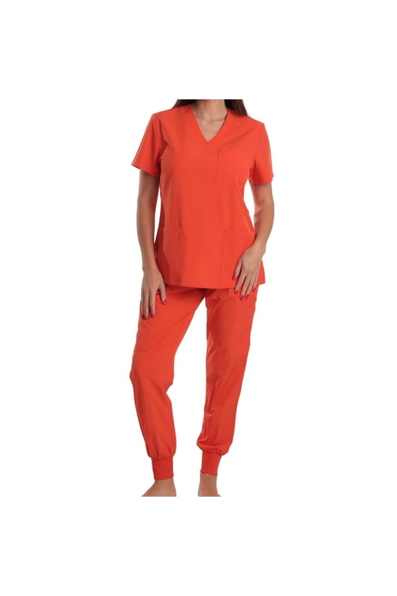 Scrubs for Women Set V Neck Short Sleeve Scrubs Tops for Women and Elastic Bottom Scrub Pants for Women Casual Stretch Solid Color Workwear with Pockets L