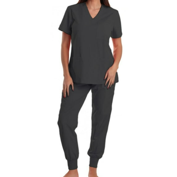 Busydd Scrubs for Women Set V Neck Short Sleeve Scrubs Tops for Women and Elastic Bottom Scrub Pants for Women Casual Stretch Solid Color Workwear with Pockets M