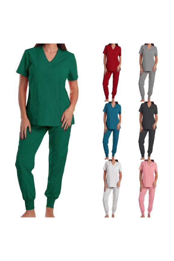Scrubs for Women Set V Neck Short Sleeve Scrubs Tops for Women and Elastic Bottom Scrub Pants for Women Casual Stretch Solid Color Workwear with Pockets S