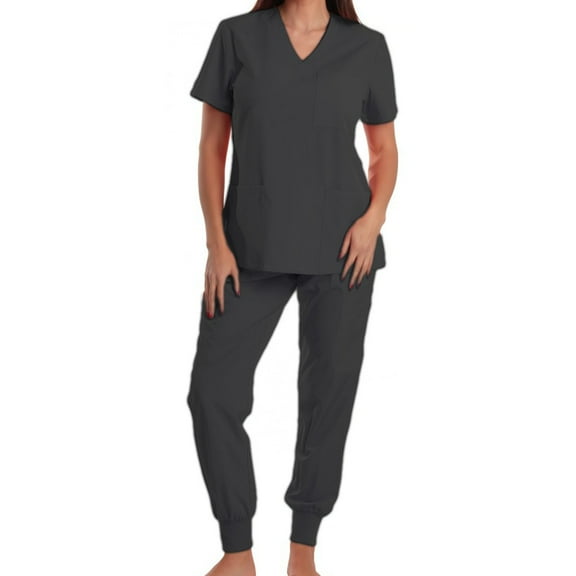 Busydd Scrubs for Women Set V Neck Short Sleeve Scrubs Tops for Women and Elastic Bottom Scrub Pants for Women Casual Stretch Solid Color Workwear with Pockets S