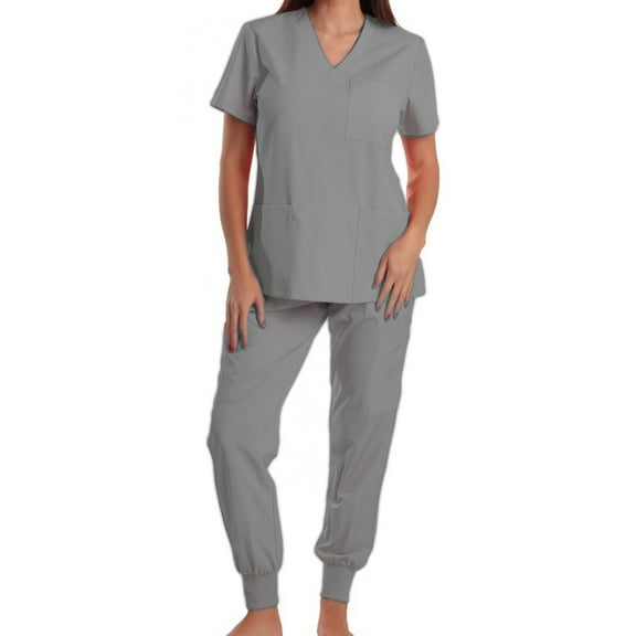 Busydd Scrubs for Women Set V Neck Short Sleeve Scrubs Tops for Women and Elastic Bottom Scrub Pants for Women Casual Stretch Solid Color Workwear with Pockets S