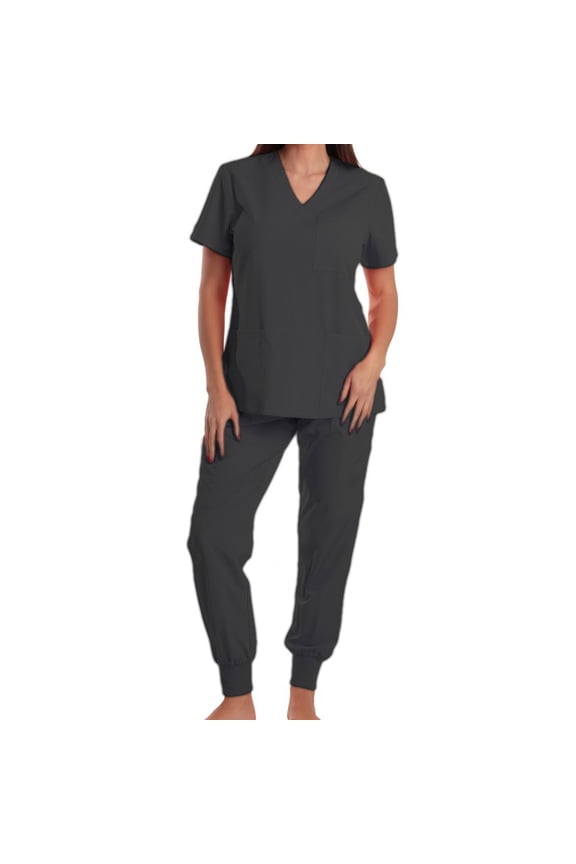 Scrubs for Women Set V Neck Short Sleeve Scrubs Tops for Women and Elastic Bottom Scrub Pants for Women Casual Stretch Solid Color Workwear with Pockets XL
