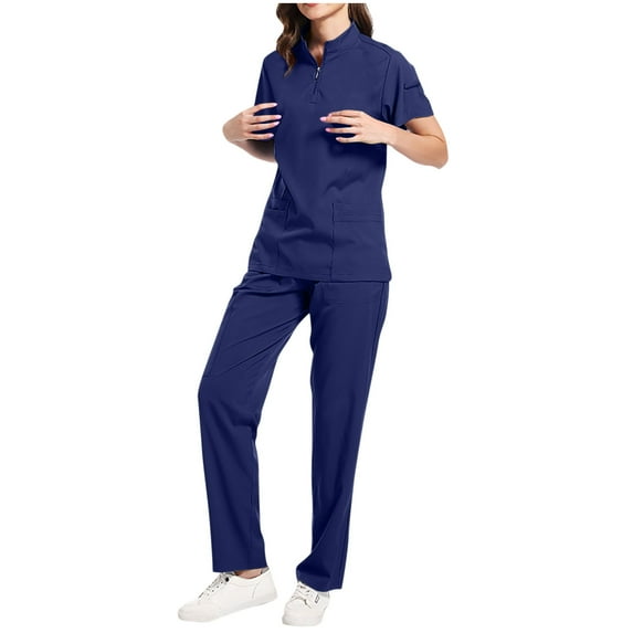 Busydd Scrubs for Women Trendy Stand Collar Zipper Short Sleeve Scrub Tops and Elastic Waist Jogger Scrubs for Women Casual Stretch Solid Color Women Scrubs Sets Workwear with Pockets L
