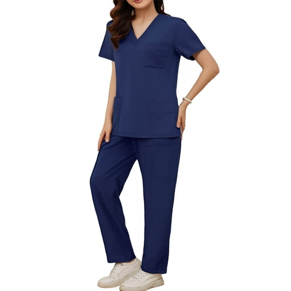 Busydd Scrubs for Men and Women Short Sleeve V Neck Tops and Drawstring Joggers Scrub Set Casual Solid Color Two Piece Sets for Women Workwear L