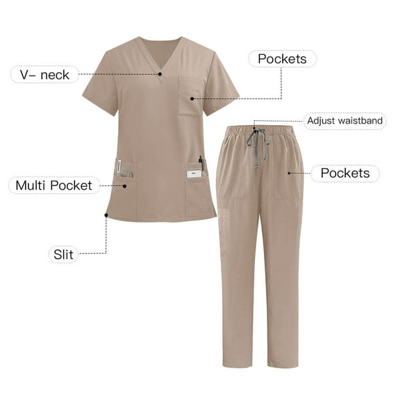 Busydd Scrubs for Men and Women Short Sleeve V Neck Tops and Drawstring Joggers Scrub Set Casual Solid Color Two Piece Sets for Women Workwear L