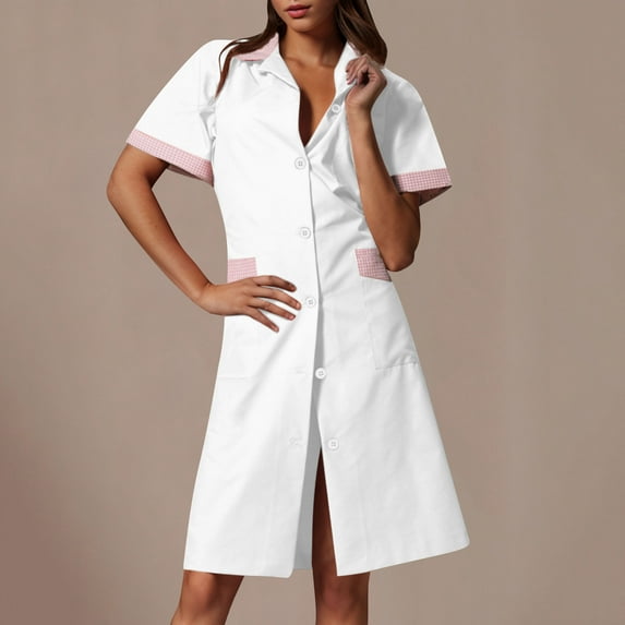 Busydd Scrubs for Women Lapel Button Scrub Dress Workwear Fashion Patchwork Knee Length Scrub Dress for Women with Pockets