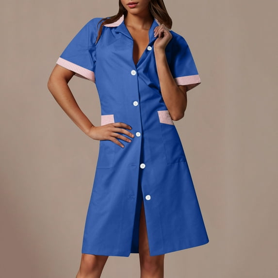 Busydd Scrubs for Women Lapel Button Scrub Dress Workwear Fashion Patchwork Knee Length Scrub Dress for Women with Pockets