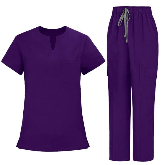 Busydd Scrubs for Women Set Solid Color Scrub Sets for Woman Short Sleeve V Neck Tops and Elastic Waist Pants 2 Piece Sets for Women L