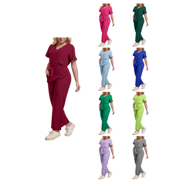 Busydd Scrubs for Women Set V Neck Short Sleeve Scrub Top and Wide Leg Pants Comfy Casual 2 Piece Solid Color Uniform Workwear L