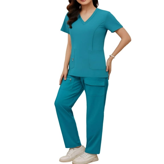 Busydd Scrubs for Women Set V Neck Short Sleeve Scrubs Tops Elastic Waist Drawstring Pants Workwear Solid Color Working Uniform with Pockets