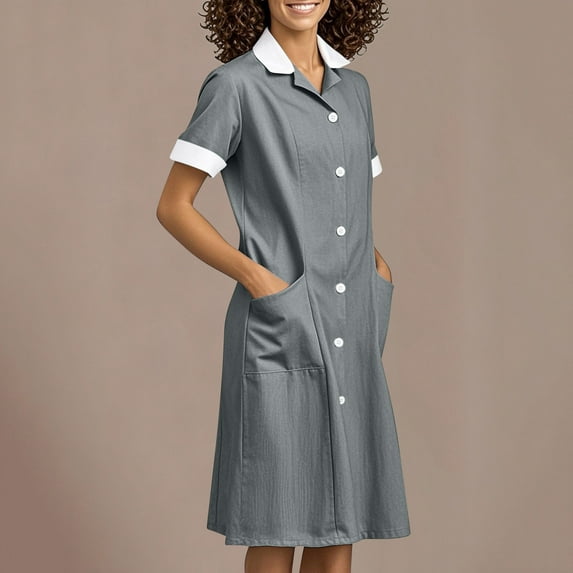 Busydd Scrubs for Women V Neck Turndown Collar Scrub Dress Fashion Short Sleeve Button Up Womens Scrubs Workwear with Pockets
