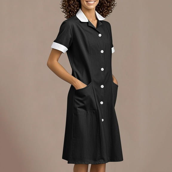 Busydd Scrubs for Women V Neck Turndown Collar Scrub Dress Fashion Short Sleeve Button Up Womens Scrubs Workwear with Pockets