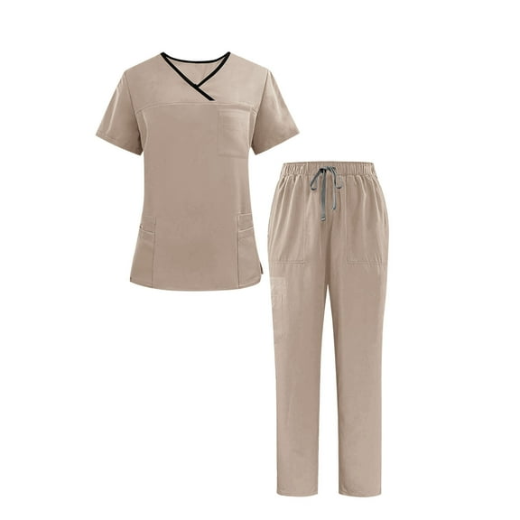 Busydd Scrubs for Women and Men Casual Solid Color 2 Piece Scrub Set Fashion Short Sleeve V Neck Tops and Drawstring Joggers Workwear S