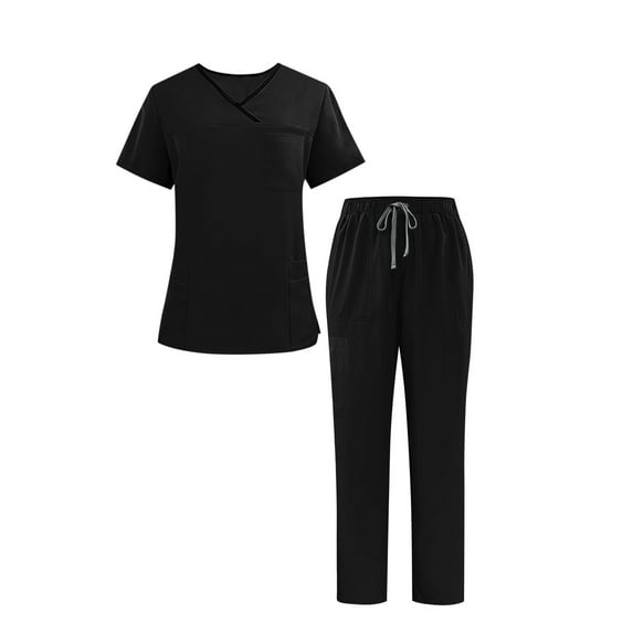 Busydd Scrubs for Women and Men Casual Solid Color 2 Piece Scrub Set Fashion Short Sleeve V Neck Tops and Drawstring Joggers Workwear XS