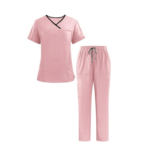 Busydd Scrubs for Women and Men Casual Solid Color 2 Piece Scrub Set Fashion Short Sleeve V Neck Tops and Drawstring Joggers Workwear XS