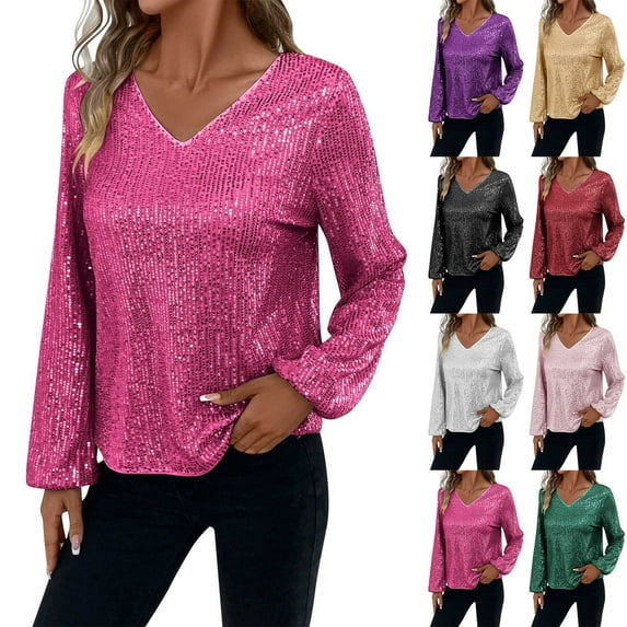 Busydd Sequin Tops for Women Solid Color V Neck Tops for Women Trendy Casual Versatile Womens Long Sleeve Tops S