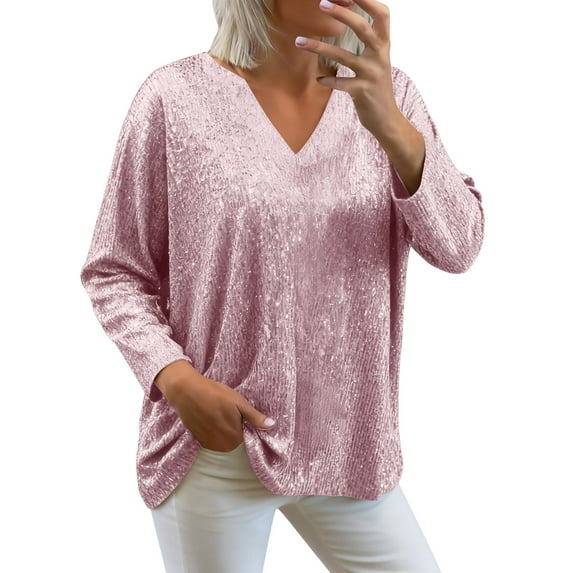 Busydd Sequin Tops for Women Trendy Loose V Neck Womens Tops Casual Comfortable Solid Color Women's Long Sleeve Tops M