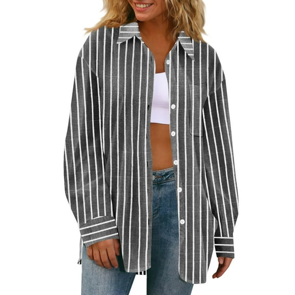 Busydd Shirts for Women Fashion Striped Turndown Collar formal Dress Shirts Casual Long Sleeve Button Down Shirts Comfy Cotton Linen Blouses with Pocket S