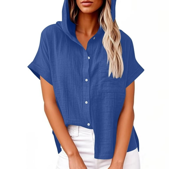 Busydd Shirts for Women with Hood Solid Color Short Sleeve Cotton Linen Shirts Casual Pocket Hooded Summer Tops for Women Trendy Lapel Button Up Shirts