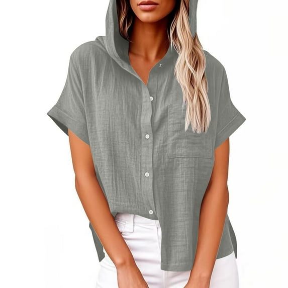 Busydd Shirts for Women with Hood Solid Color Short Sleeve Cotton Linen Shirts Casual Pocket Hooded Summer Tops for Women Trendy Lapel Button Up Shirts