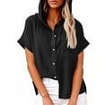 thumbnail image 1 of Busydd Shirts for Women with Hood Solid Color Short Sleeve Cotton Linen Shirts Casual Pocket Hooded Summer Tops for Women Trendy Lapel Button Up Shirts, 1 of 6
