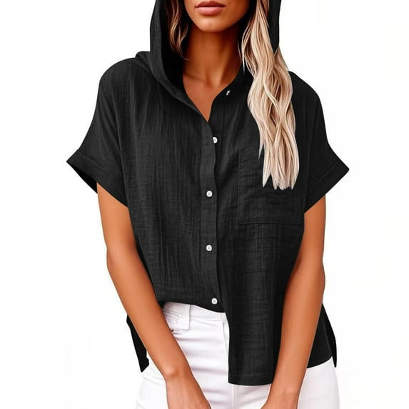 Busydd Shirts for Women with Hood Solid Color Short Sleeve Cotton Linen Shirts Casual Pocket Hooded Summer Tops for Women Trendy Lapel Button Up Shirts