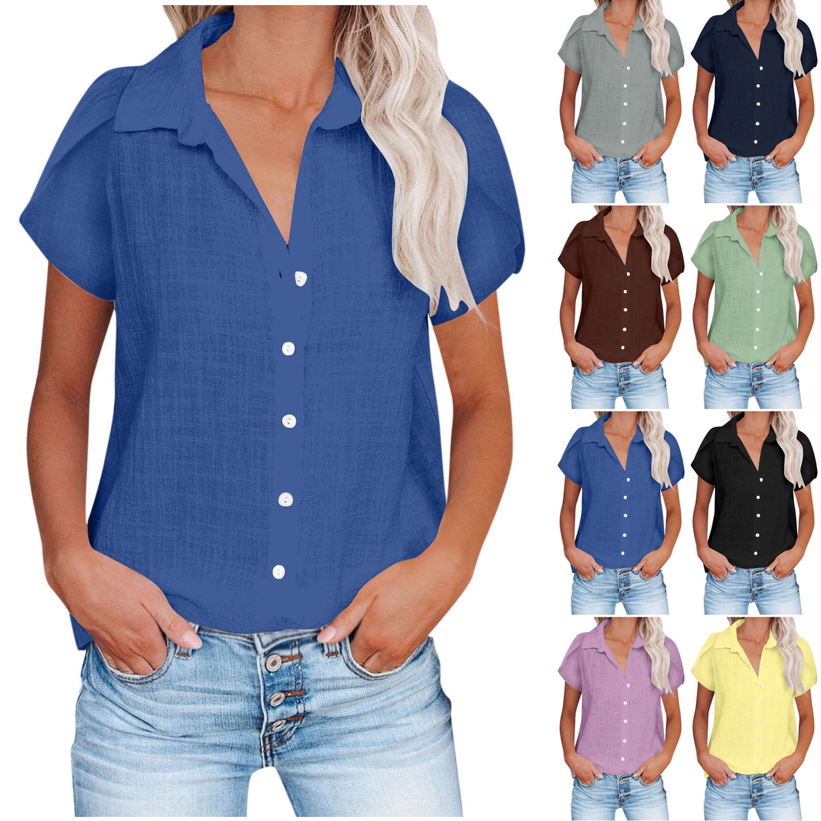 Sprechic Women's V-Neck Button-Down Ribbed Knit Tee – Short Sleeve, Loose Fit, Flare Hem, Summer Casual Top - View #12