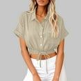 thumbnail image 1 of Busydd Shirts for Women Solid Color Short Sleeve Cotton Linen Shirts Casual Pocket Cropped Summer Tops for Women Trendy Lapel Button Up Shirts, 1 of 6