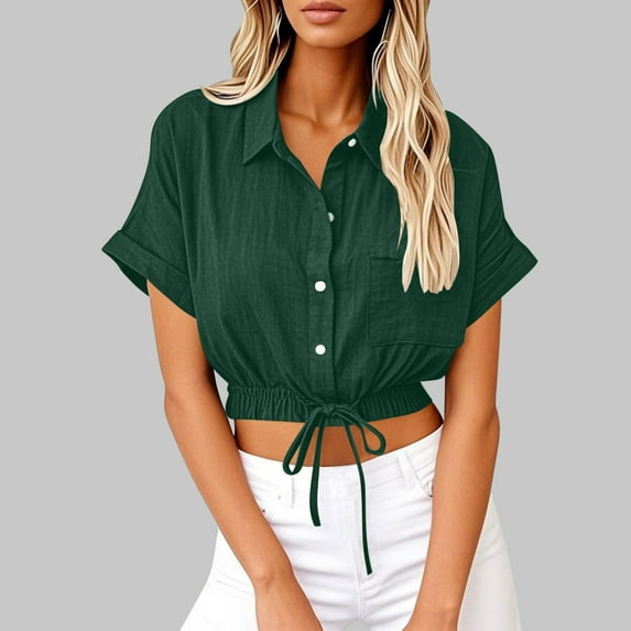 Busydd Shirts for Women Solid Color Short Sleeve Cotton Linen Shirts Casual Pocket Cropped Summer Tops for Women Trendy Lapel Button Up Shirts
