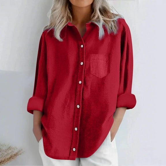 Busydd Shirts for Women Trendy Solid Color Long Sleeve Women Blouses Dressy Casual Round Neck Spring Summer Tops Button Down Shirts with Pocket 2XL