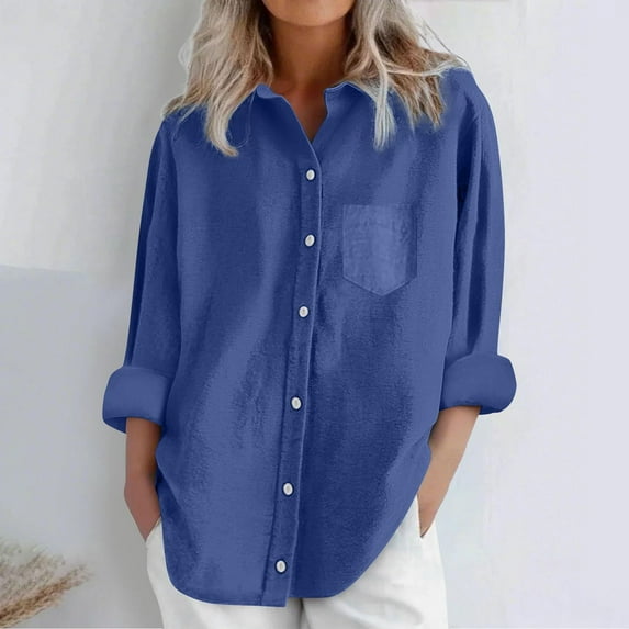 Busydd Shirts for Women Trendy Solid Color Long Sleeve Women Blouses Dressy Casual Round Neck Spring Summer Tops Button Down Shirts with Pocket L
