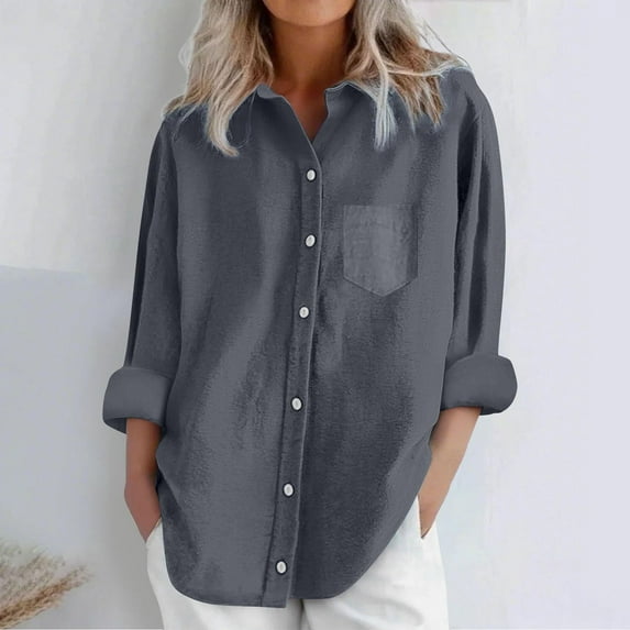Busydd Shirts for Women Trendy Solid Color Long Sleeve Women Blouses Dressy Casual Round Neck Spring Summer Tops Button Down Shirts with Pocket S