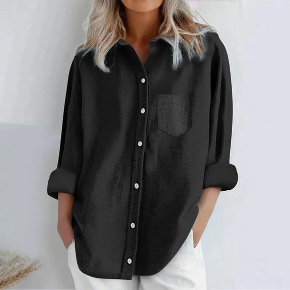 Busydd Shirts for Women Trendy Solid Color Long Sleeve Women Blouses Dressy Casual Round Neck Spring Summer Tops Button Down Shirts with Pocket S