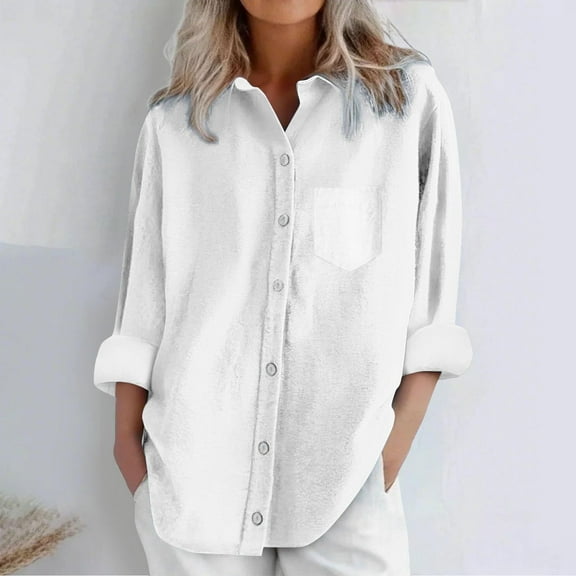 Busydd Shirts for Women Trendy Solid Color Long Sleeve Women Blouses Dressy Casual Round Neck Spring Summer Tops Button Down Shirts with Pocket XL