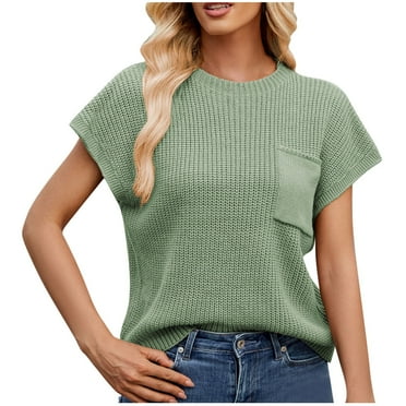 Busydd Short Sleeve Sweaters for Women Fashion Solid Color Knit Sweaters Vest Casual Crewneck Ribbed Cropped Sweaters Cozy Elegant Fall Vests with Pocket