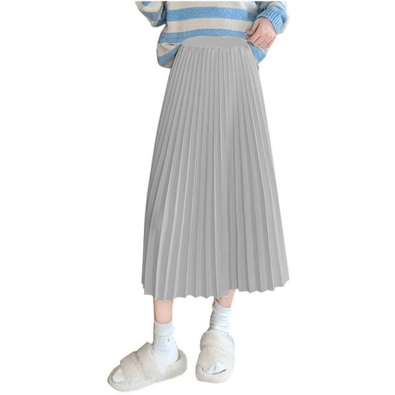 Busydd Skirts for Women Plus Size M-4XL Fashion Solid Color Satin Midi Skirt Casual Elastic Waist Long Skirts for Women Comfy Flowy Pleated Summer Skirt