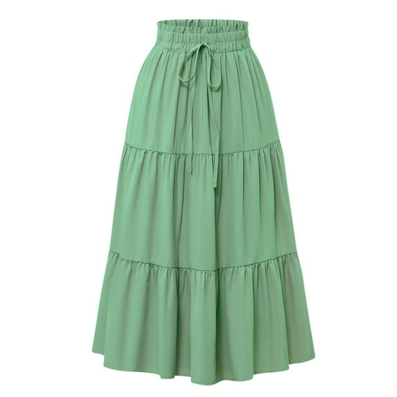 Busydd Skirts for Women Casual Solid Color Maxi Skirt Trendy Elastic Waist Drawstring Long Skirts for Women Pleated Tiered Flowy Summer Skirts 2XL