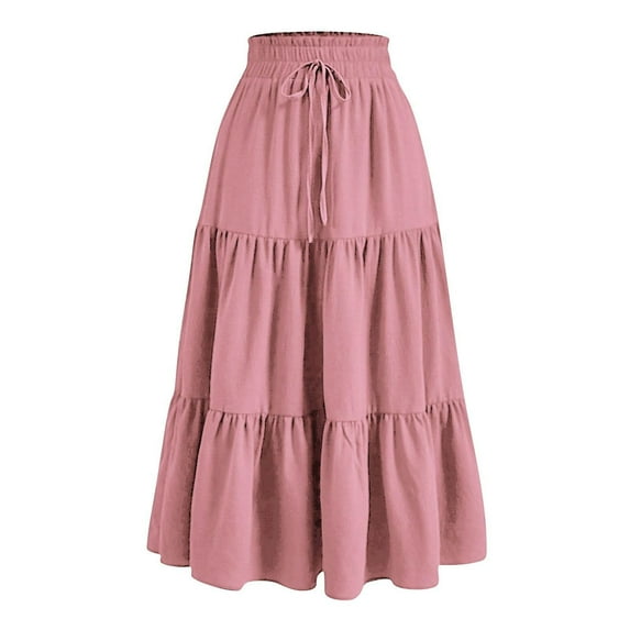 Busydd Skirts for Women Casual Solid Color Maxi Skirt Trendy Elastic Waist Drawstring Long Skirts for Women Pleated Tiered Flowy Summer Skirts