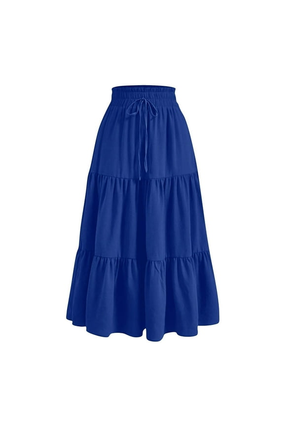 Skirts for Women Casual Solid Color Maxi Skirt Trendy Elastic Waist Drawstring Long Skirts for Women Pleated Tiered Flowy Summer Skirts