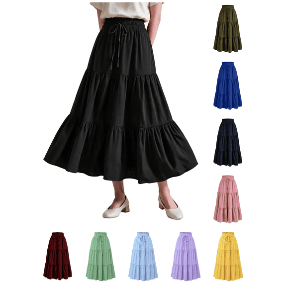 Busydd Skirts for Women Casual Solid Color Maxi Skirt Trendy Elastic Waist Drawstring Long Skirts for Women Pleated Tiered Flowy Summer Skirts