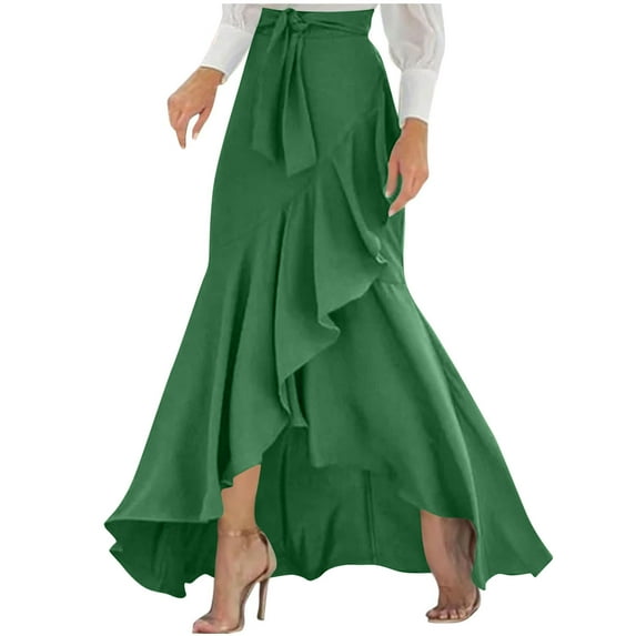 Busydd Skirts for Women Fall Solid Color Ruffle Flowy Skirt Business Casual Womens Maxi Skirt High Waist Drawstring Warp Skirts 2XL