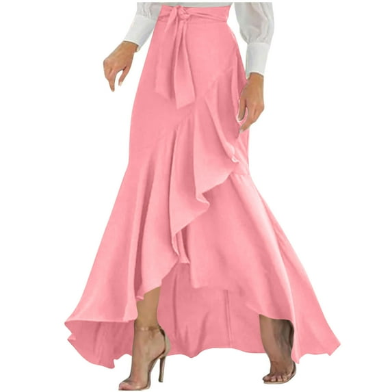 Busydd Skirts for Women Fall Solid Color Ruffle Flowy Skirt Business Casual Womens Maxi Skirt High Waist Drawstring Warp Skirts M
