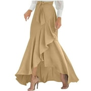 BUSYDD Skirts for Women Fall Solid Color Ruffle Flowy Skirt Business Casual Womens Maxi Skirt High Waist Drawstring Warp Skirts S