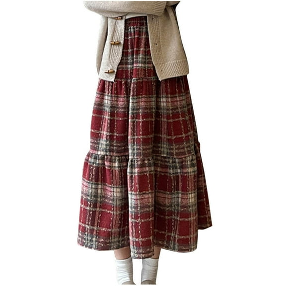 Busydd Skirts for Women Fall Wool Elastic High Waist Plaid Skirt Casual Flowy Layered Maxi Skirt Fashion Long Skirts for Women