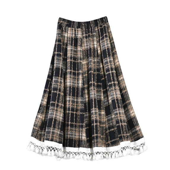 Busydd Skirts for Women Fashion Wool Elastic High Waist Plaid Skirt Casual Flowy Layered Maxi Skirt Trendy Long Skirts for Women