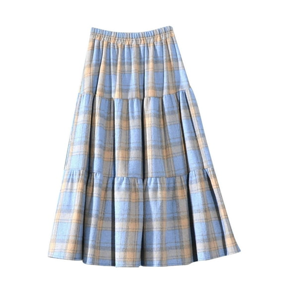 Busydd Skirts for Women Fashion Wool Elastic High Waist Plaid Skirt Casual Flowy Layered Maxi Skirt Trendy Long Skirts for Women
