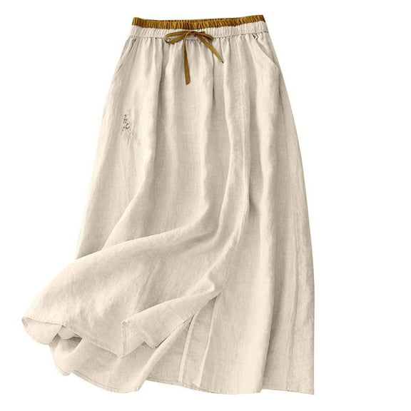 Busydd Skirts for Women Summer Solid Color Cotton Linen Midi Skirt Comfy Elastic Waist Drawstring Long Skirts for Women with Pockets M