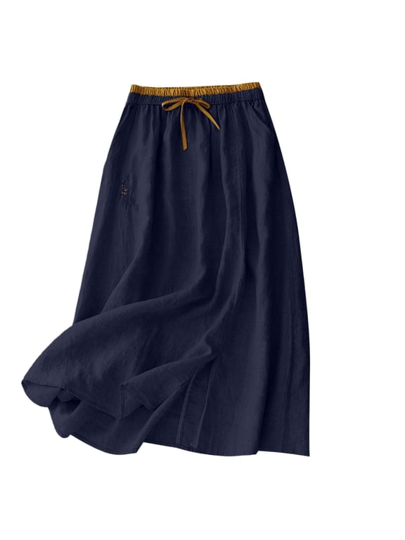 Skirts for Women Summer Solid Color Cotton Linen Midi Skirt Comfy Elastic Waist Drawstring Long Skirts for Women with Pockets M